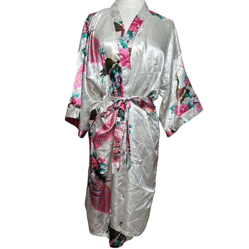 Womens White Satin Peacock Floral Japanese Kimono Robe Pink Teal Silk Boho